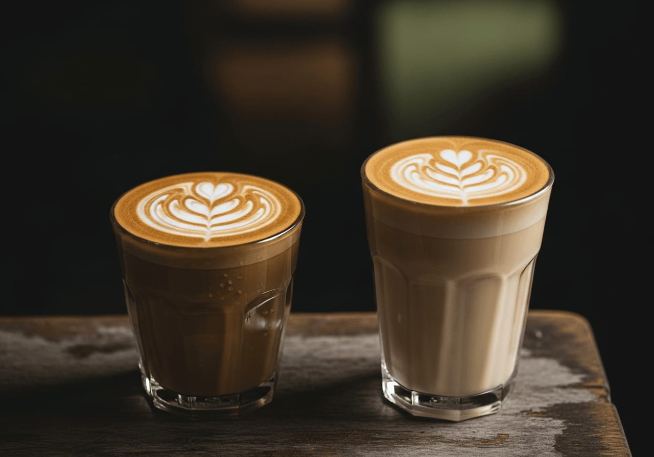 Two glasses, one filled with cow's milk latte art and the other with oat milk latte art, side by side, contrasted against a dark background
