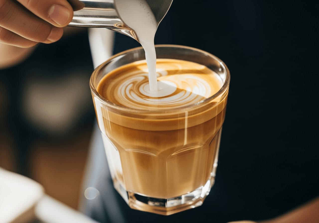 A barista pouring a latte with perfect microfoam from a stainless steel pitcher into a clear glass, showcasing the layers of espresso and milk