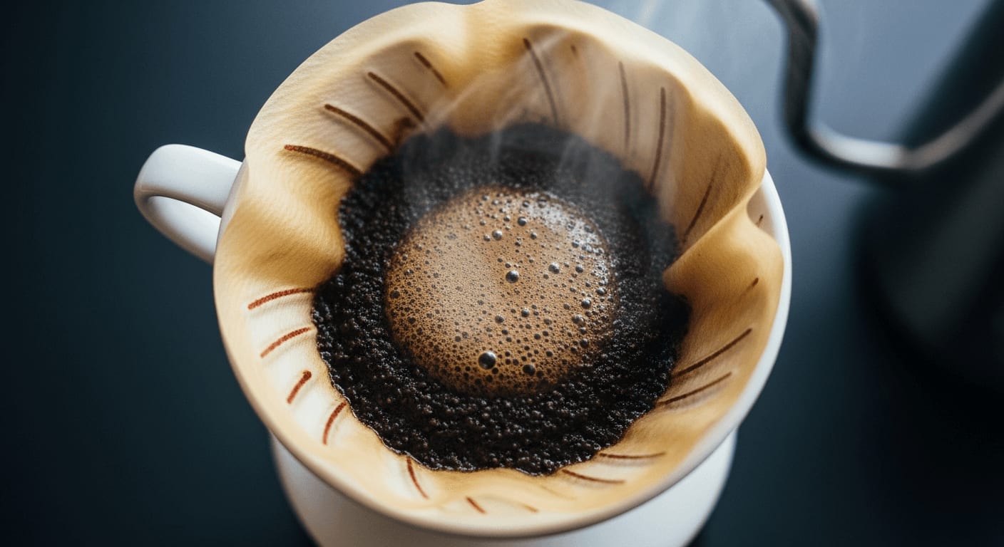 Blick von oben auf das perfekt extrahierte Kaffeebett in einem Hario V60 Filter mit aufsteigendem Dampf.
