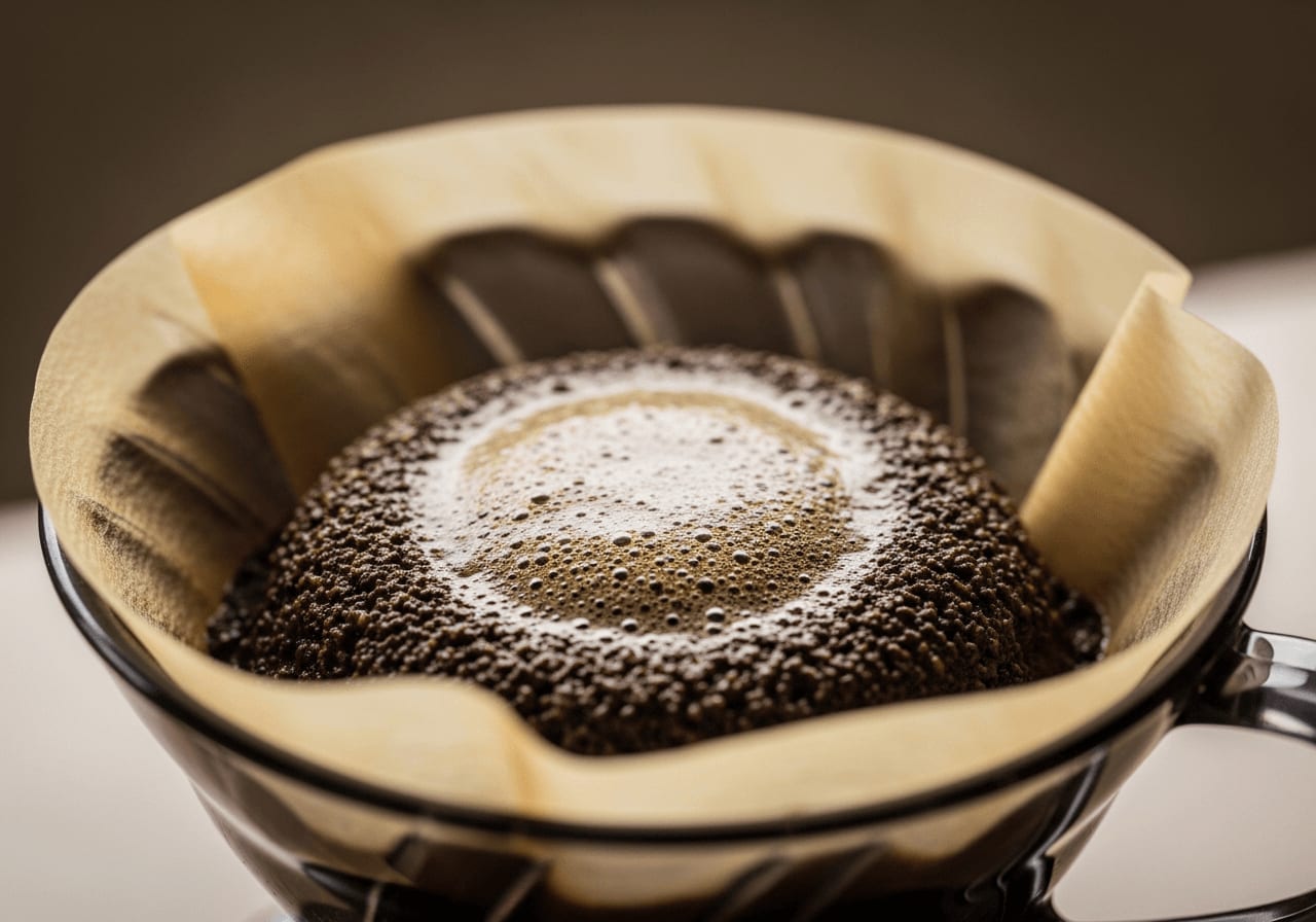 Die 30-sekündige Bloom-Phase im Hario V60: Das Kaffeebett quillt auf und Kohlendioxid entweicht.