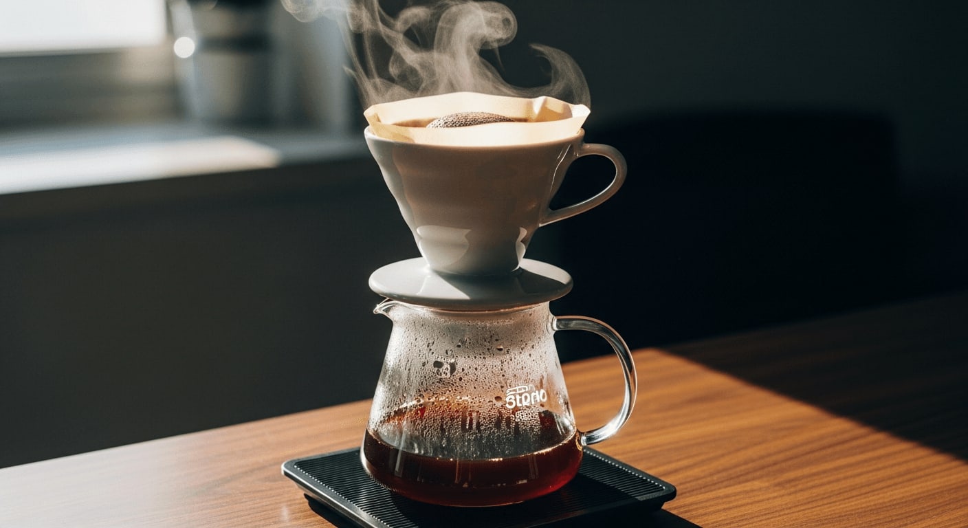 Frisch gebrühter Filterkaffee tropft aus einem Hario V60 Dripper in eine Glaskanne auf einer dunklen Holzarbeitsplatte.