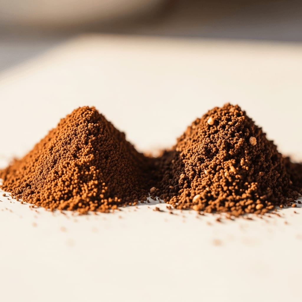 Optischer Vergleich: Die Röstbilder 2/2: Mahlgrad von Arabica-Hochlandbohnen vs. Robusta-Tieflandbohnen im Detail.