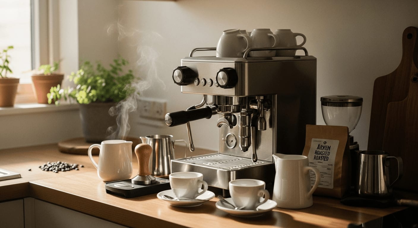 Gemütliche Küche verwandelt in eine stilvolle Espressobar: Home-Barista-Guide für perfekten Espresso.