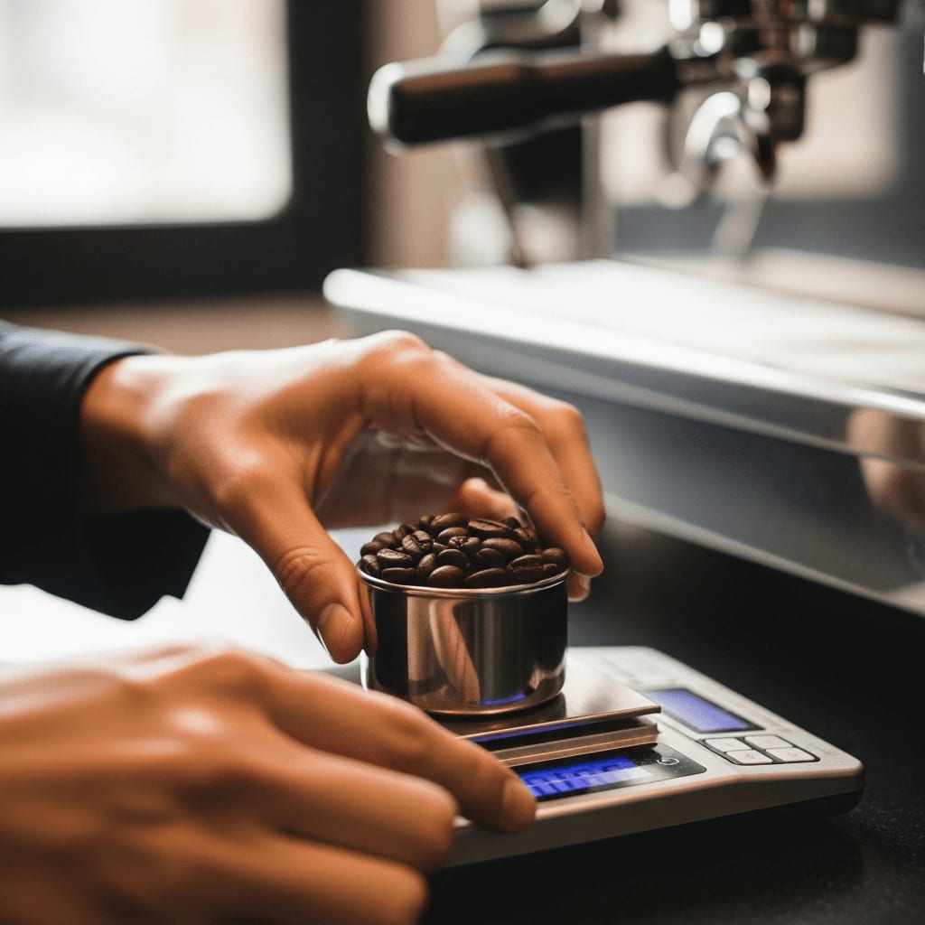 Espresso Zubereitungsschritte 1/3: Barista wiegt Kaffeebohnen für die perfekte Dosierung ab.
