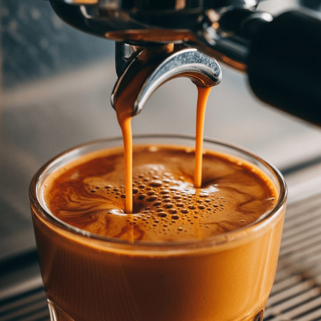 Espresso Zubereitungsschritte 2/3: Goldener Espresso fließt in ein Glas, perfekte Crema.