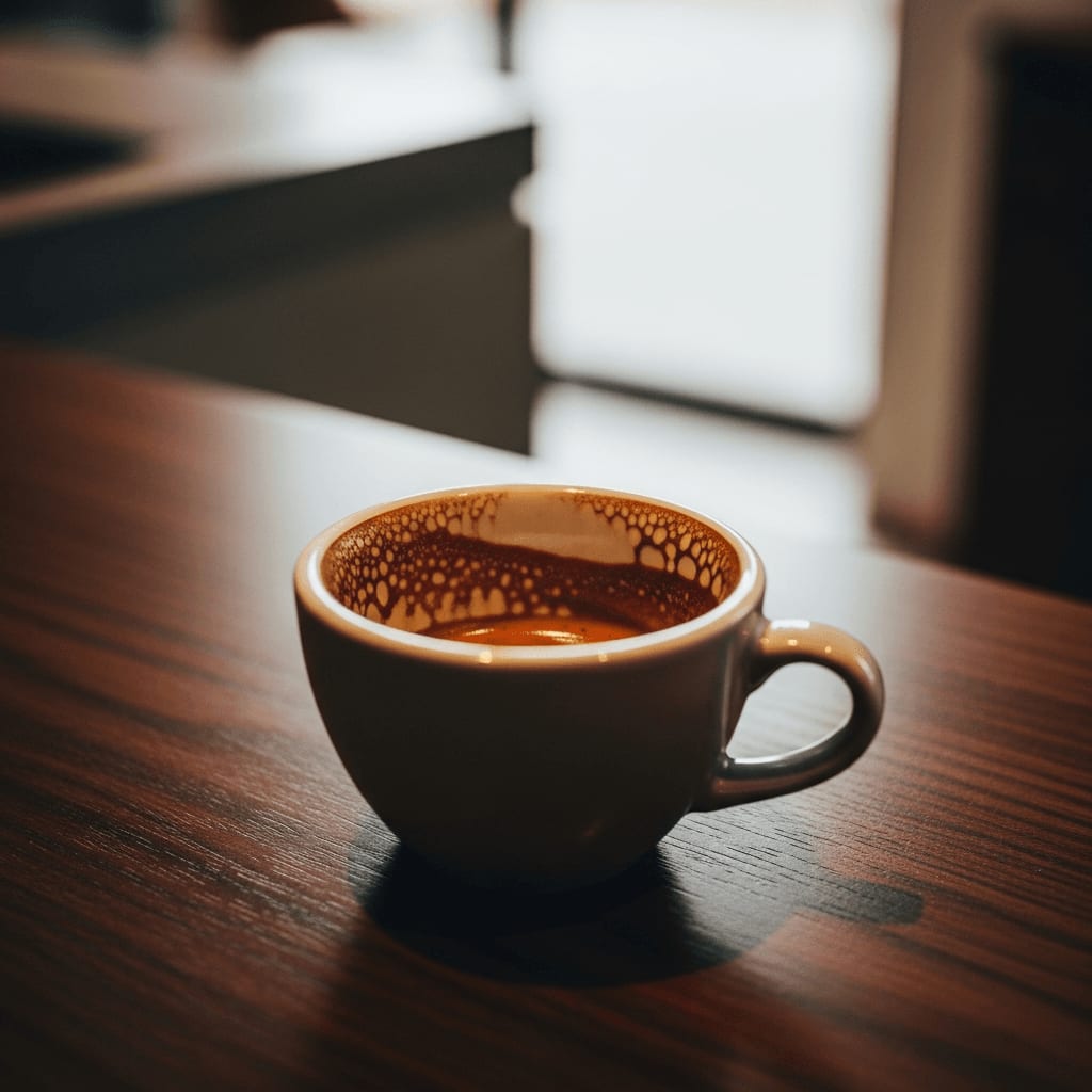 Espresso Zubereitungsschritte 3/3: Fertiger Espresso mit perfekter Crema in Keramiktasse.