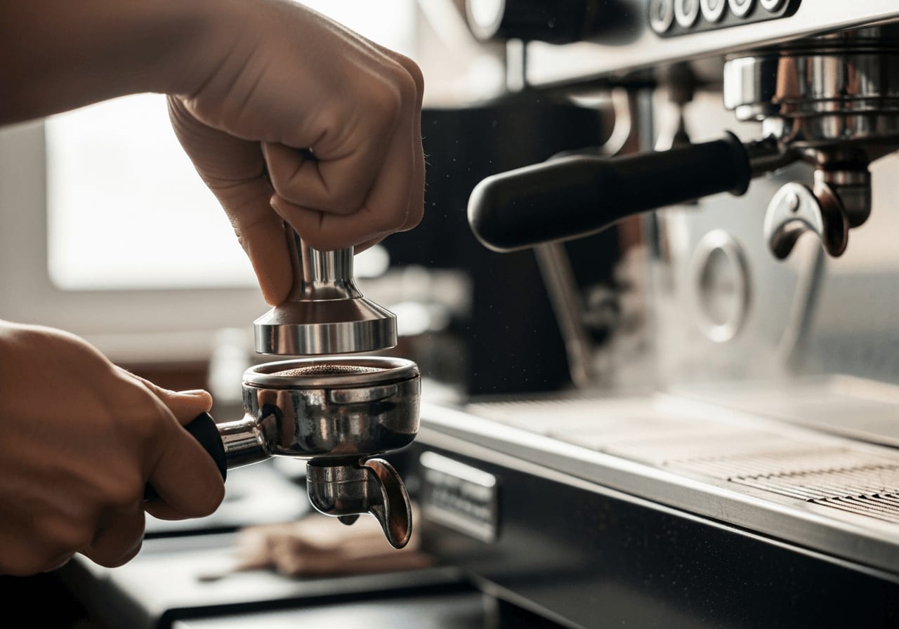 Barista tampt Kaffee präzise im Siebträger: Wichtig für den richtigen Tamperdruck beim Espresso.