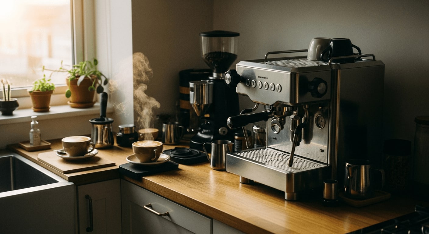 Gemütliche Küche verwandelt in eine stilvolle Espressobar: Home-Barista-Guide für perfekten Espresso.