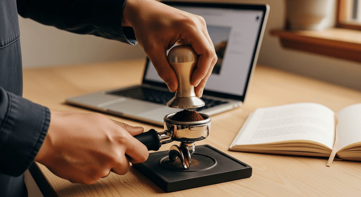 Medium shot of a person's hands tamping ground espresso in a portafilter on a home office desk, laptop and notebook visible in the background, warm, inviting atmosphere