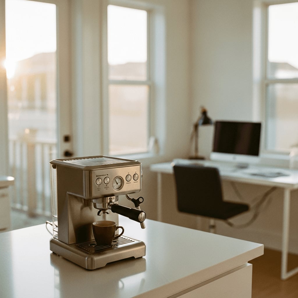 Kompakte Edelstahl-Espressomaschine auf einer sauberen weißen Küchentheke, minimalistisches Home-Office-Setup im Hintergrund