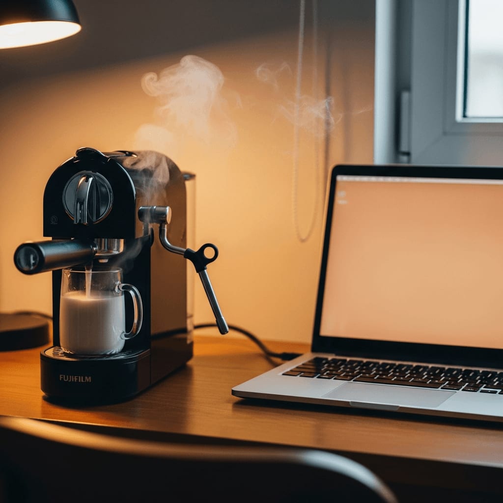Kleine Espressomaschine mit Milchaufschäumer auf einem Holzschreibtisch neben einem Laptop, warme Umgebungsbeleuchtung, einladender Arbeitsplatz