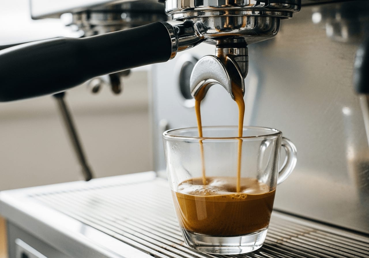 Nahaufnahme eines perfekt extrahierten Espresso-Shots, der in eine Glastasse fließt, reiche Crema sichtbar, Siebträgermaschine im unscharfen Hintergrund, natürliches Licht