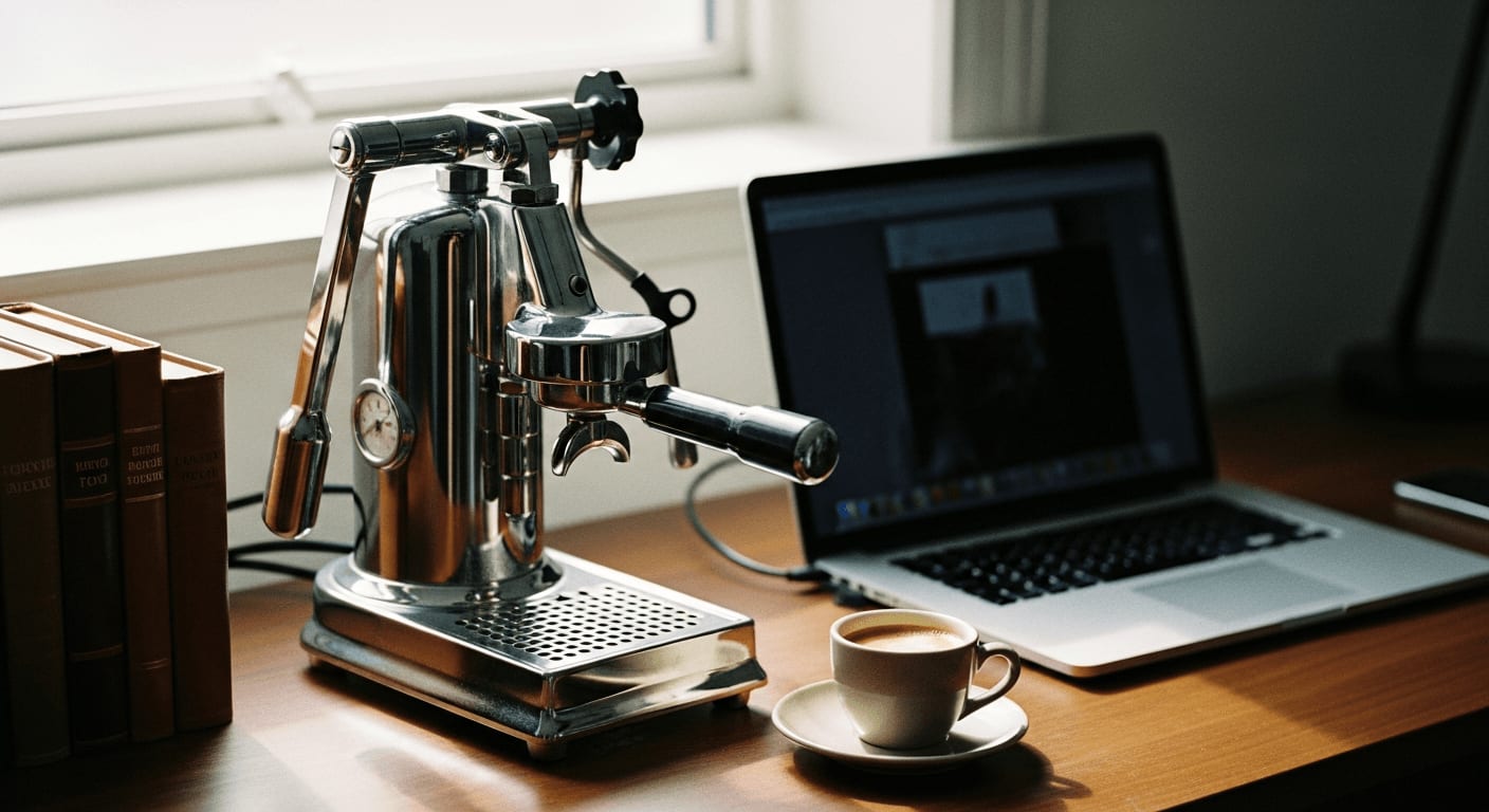 Elegantes Home-Office-Setup mit einer Siebträgermaschine als Herzstück, umgeben von einem Laptop, Büchern und einer Tasse frisch gebrühtem Espresso, weiches, natürliches Licht