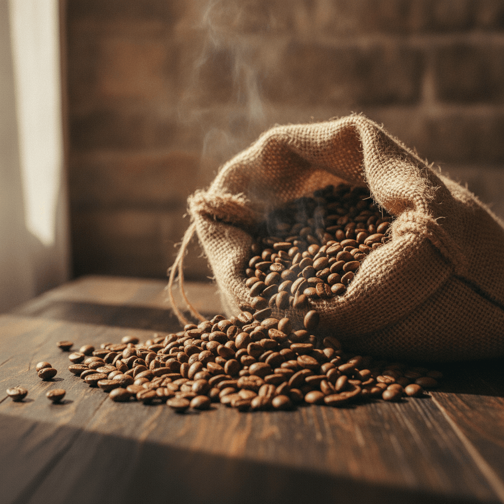 Schritt zwei bei der Herstellung von Instant Kaffee: frisch geröstete Kaffeebohnen ohne jegliche Zusatzstoffe.