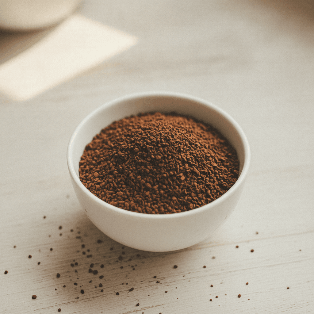 Das Endprodukt für die Gesundheit: Pures Instant Kaffee Granulat in einer Schale, hergestellt nur aus Kaffee und Wasser.