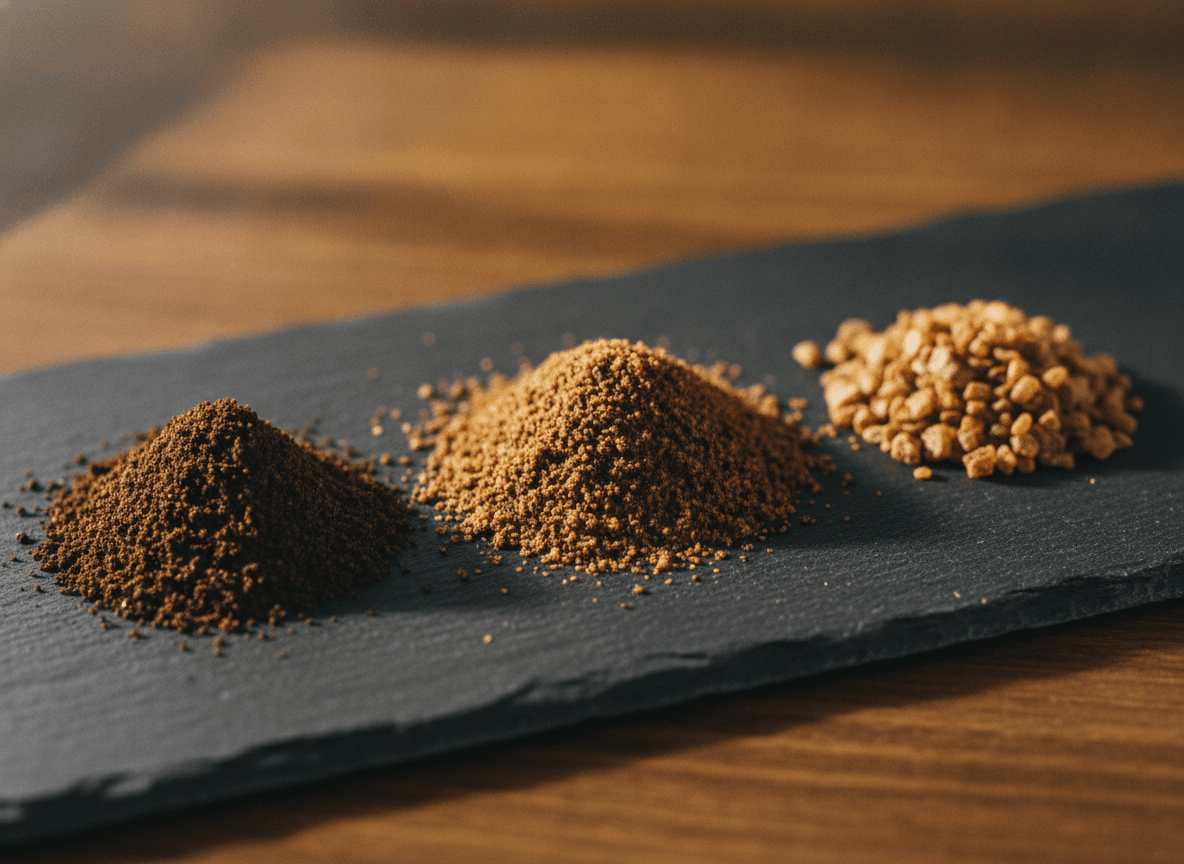 Verschiedene Kaffeearten im Vergleich, um den geringeren Koffeingehalt von Instant Kaffee für die Gesundheit zu verdeutlichen.