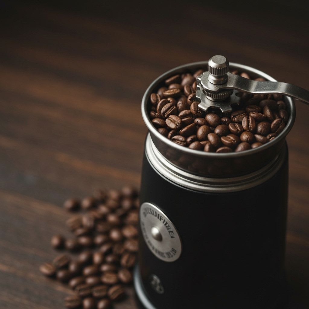 Eine hochwertige Kaffeemühle mit dunklen Espressobohnen, essentiell für die präzise Zubereitung und den Genuss italienischer Kaffeekultur zu Hause.