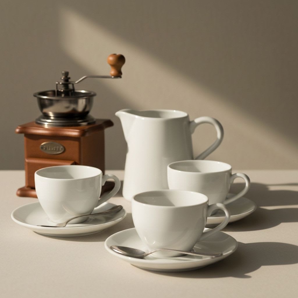 Stapel kleiner weißer Espressotassen und eine Milchkännchen, bereit für die zelebrierte italienische Kaffeekultur und deren Regeln.