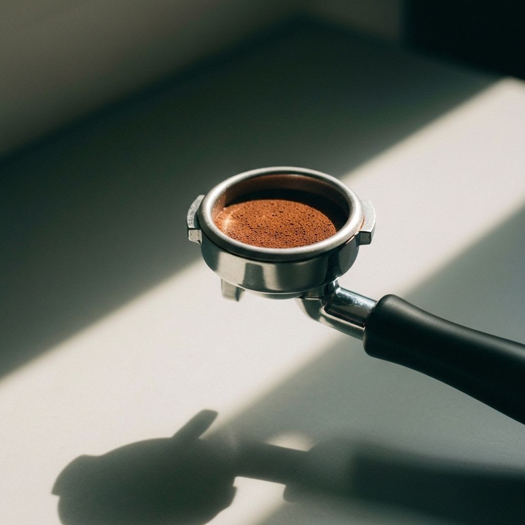 Hände tampern frisch gemahlenen Espresso im Siebträger, ein wichtiger Schritt zur perfekten Tasse im Rahmen der italienischen Kaffeekultur.