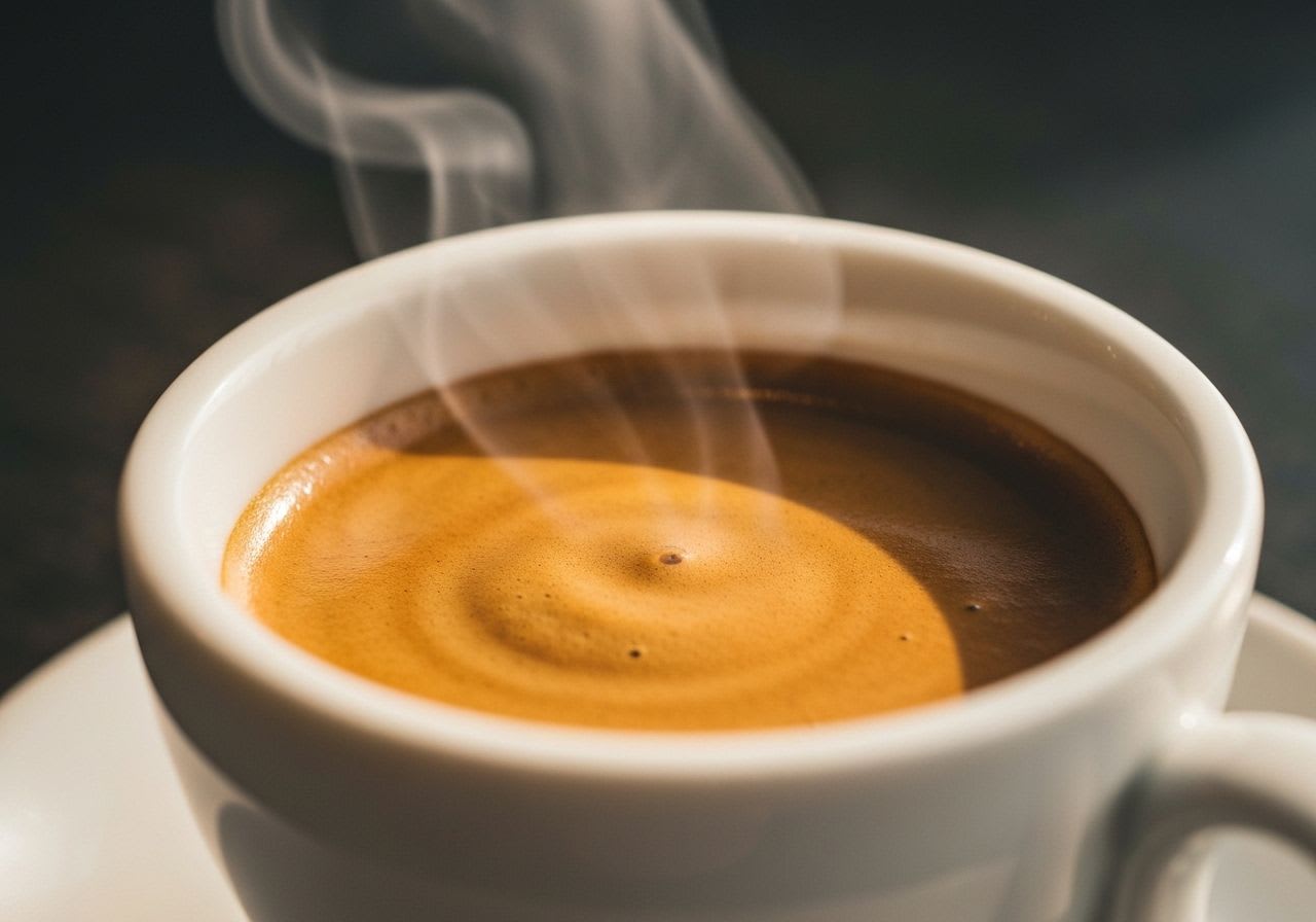Perfekt gebrühter Espresso mit dicker, haselnussbrauner Crema in einer kleinen weißen Tasse, sanfter Dampf steigt auf, symbolisiert die italienische Kaffeekultur.
