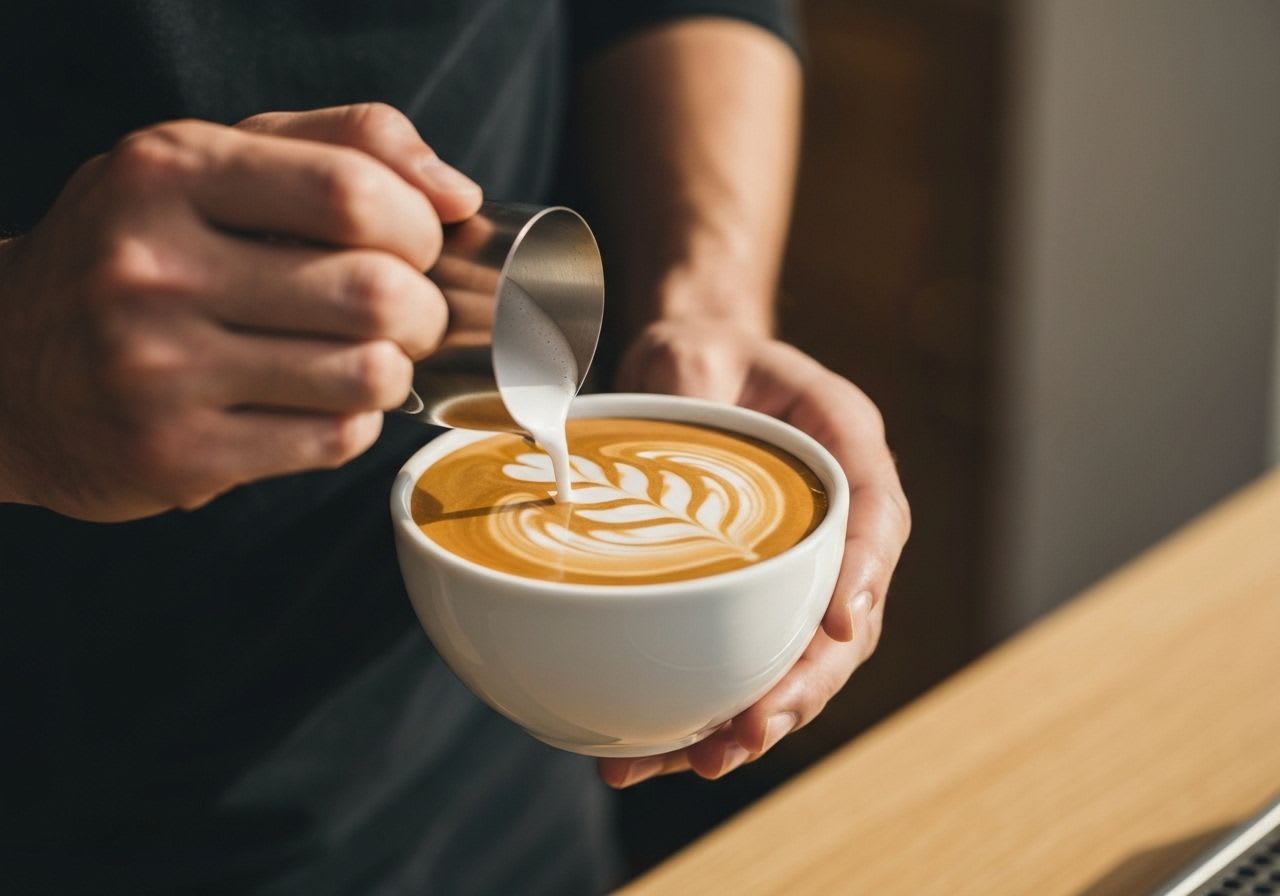 Ein Barista gießt kunstvoll Milchschaum in einen Espresso, um Latte Art zu kreieren, was die morgendliche Cappuccino-Regel der italienischen Kaffeekultur verdeutlicht.