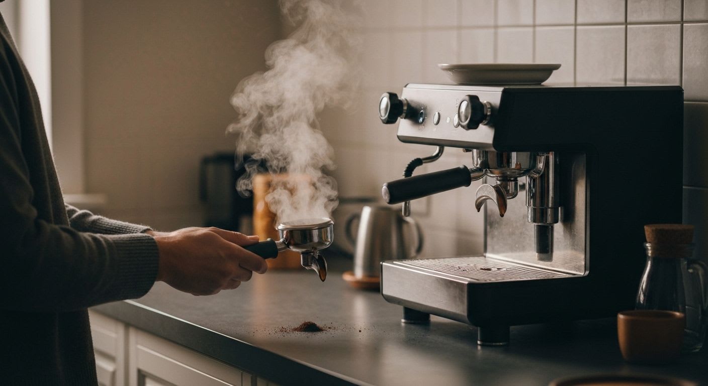 Eine moderne Espressomaschine brüht Kaffee in einer gemütlichen Küche, Hände halten den Siebträger, für authentischen Espresso zu Hause und italienische Kaffeekultur.