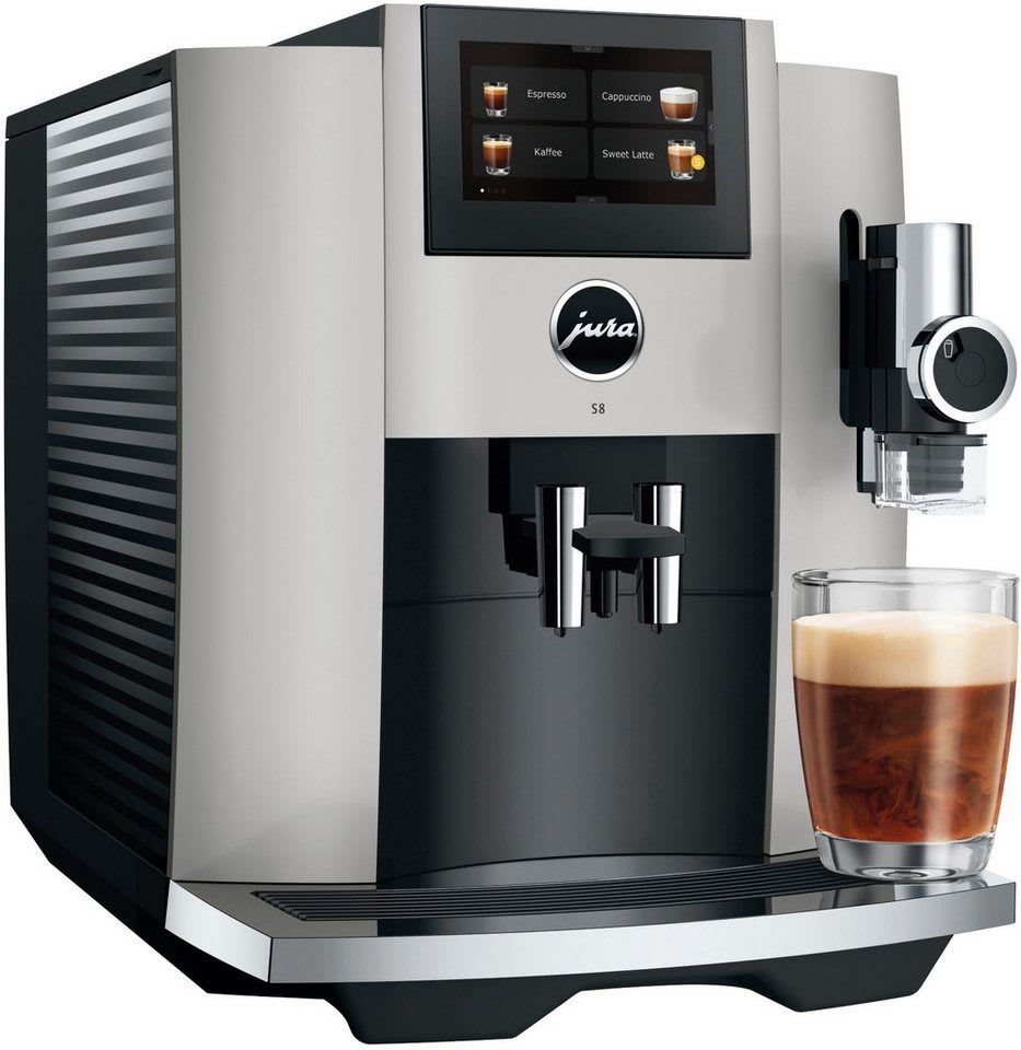 JURA Kaffeevollautomat 15483 S8 (EB), Platin, 27 Spezialitäten, Touch, Sweet Foam & Sirupaufsatz silberfarben