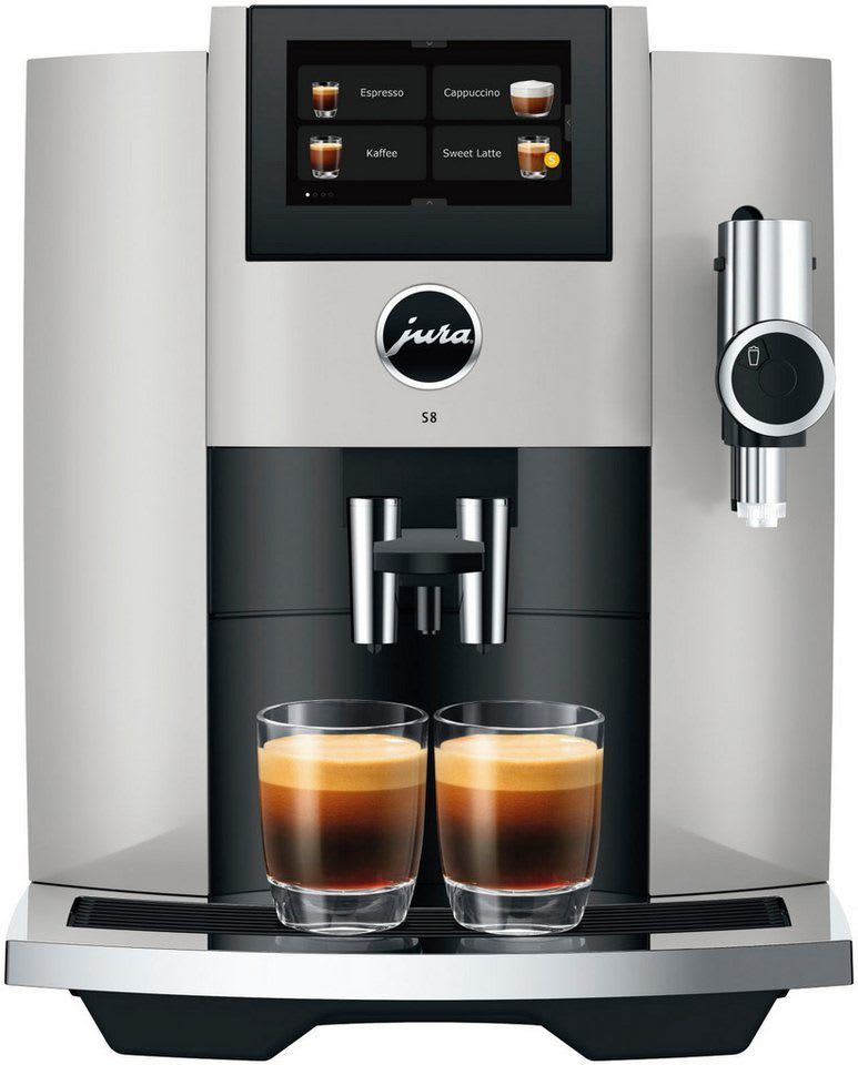 JURA Kaffeevollautomat 15483 S8 (EB), Platin, 27 Spezialitäten, Touch, Sweet Foam & Sirupaufsatz silberfarben
