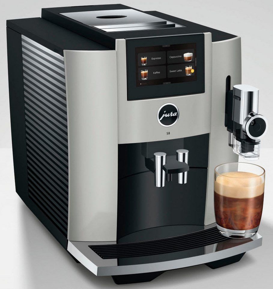 JURA Kaffeevollautomat 15483 S8 (EB), Platin, 27 Spezialitäten, Touch, Sweet Foam & Sirupaufsatz silberfarben