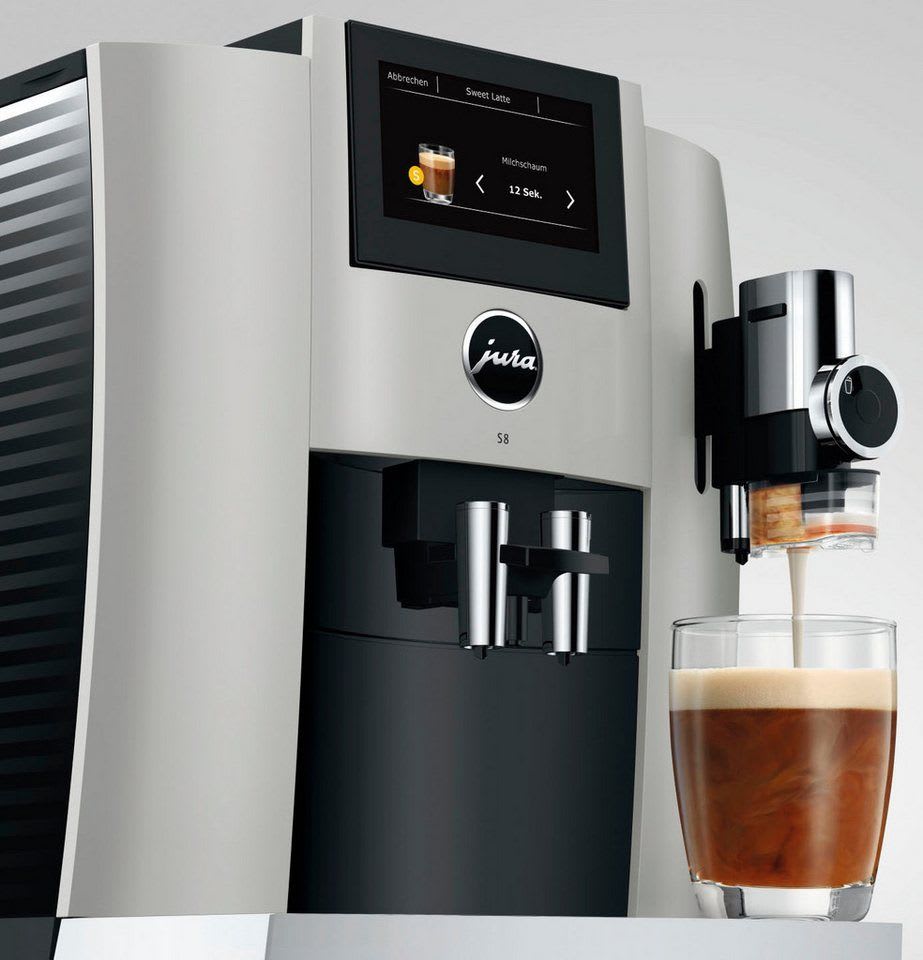 JURA Kaffeevollautomat 15483 S8 (EB), Platin, 27 Spezialitäten, Touch, Sweet Foam & Sirupaufsatz silberfarben