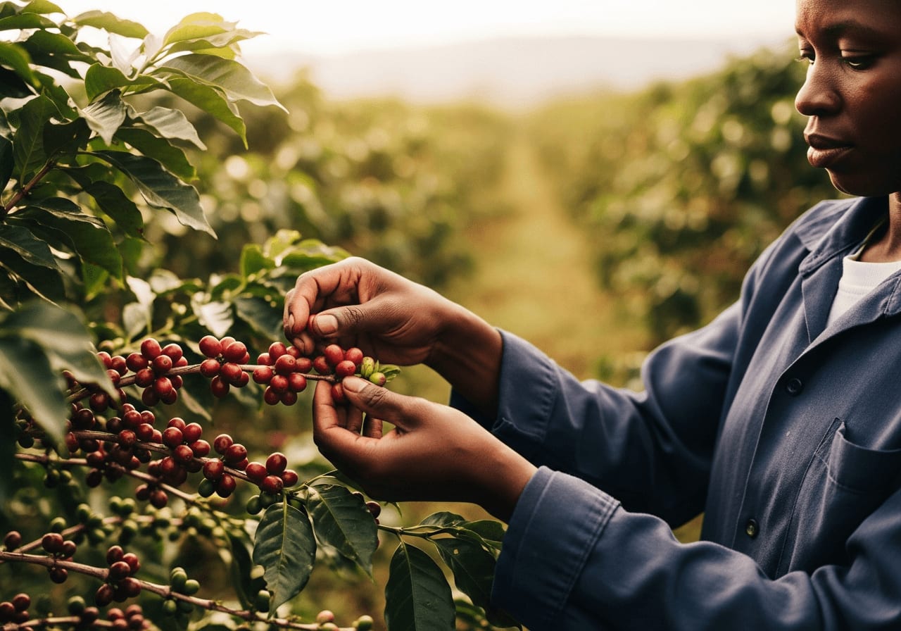 Kaffeebauer pflückt sorgfältig reife Kaffeekirschen in einer kenianischen Plantage, weicher Fokus, goldenes Licht