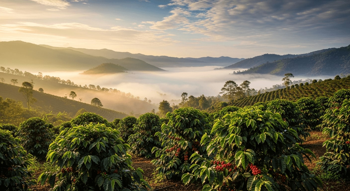Panoramaaufnahme einer üppigen Kaffeeplantage in den Bergen, mit Nebel in den Tälern und Sonnenlicht auf den Kaffeepflanzen