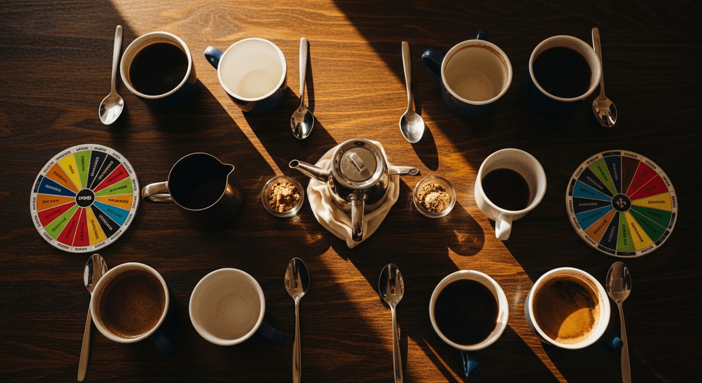 Draufsicht auf eine Cupping-Session mit verschiedenen Tassen Kaffee, Löffeln und Aromarädern, die auf einem dunklen Holztisch angeordnet sind, um das sensorische Erlebnis der Kaffeeverkostung hervorzuheben, warme Beleuchtung.