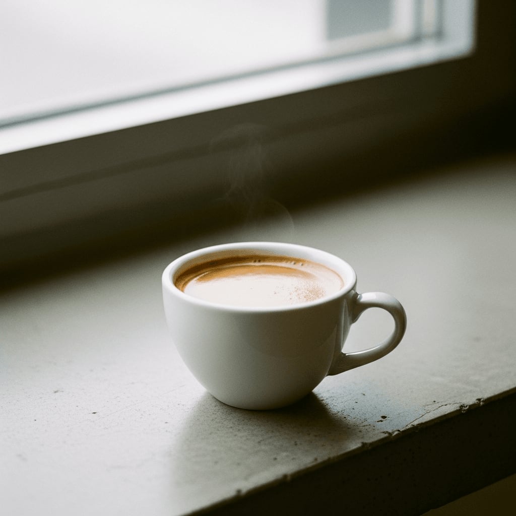 Nahaufnahme einer Tasse Kaffee mit einer leichten Crema, subtiles Aroma steigt auf, minimalistische Umgebung.