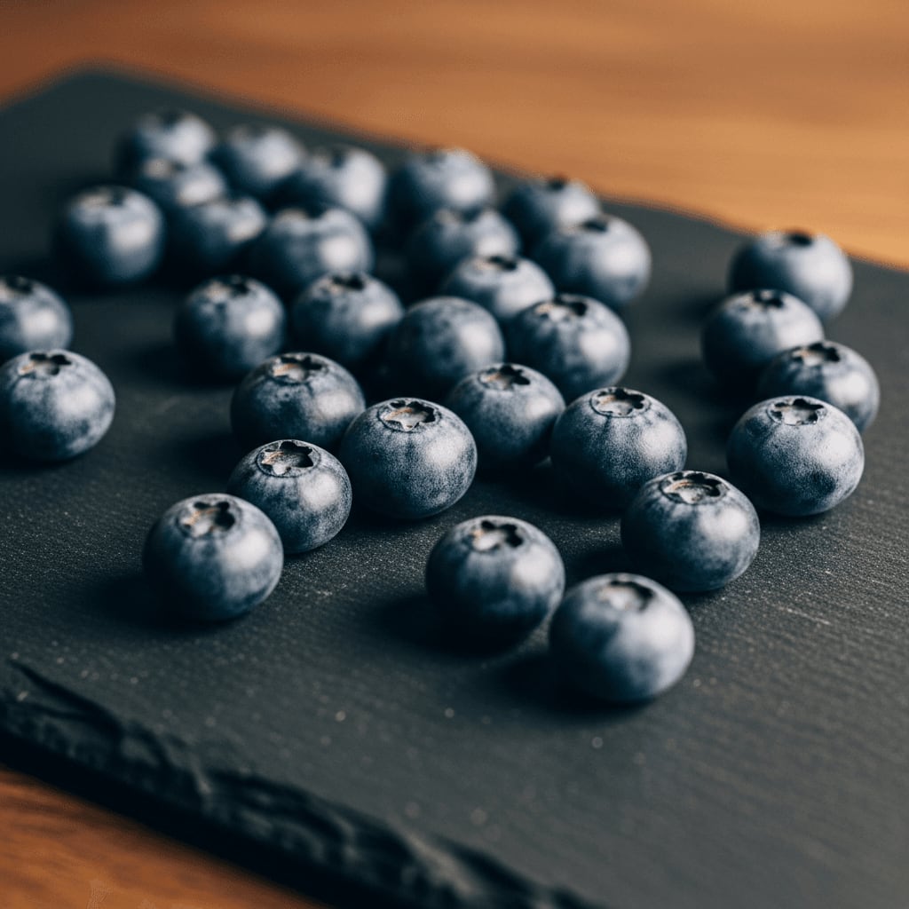 Kaffee-Aromen Rad: Frische Blaubeeren auf dunkler Schieferplatte zur Veranschaulichung fruchtiger Kaffeenoten.