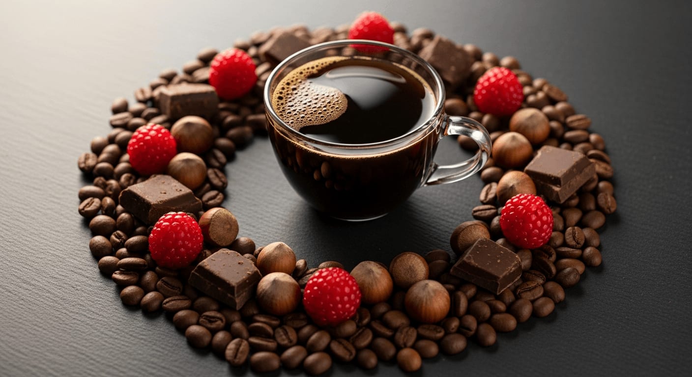 Kaffee-Aromen Rad: Eine Tasse Filterkaffee umgeben von einem Kreis aus Kaffeebohnen, Schokolade, Beeren und Nüssen.