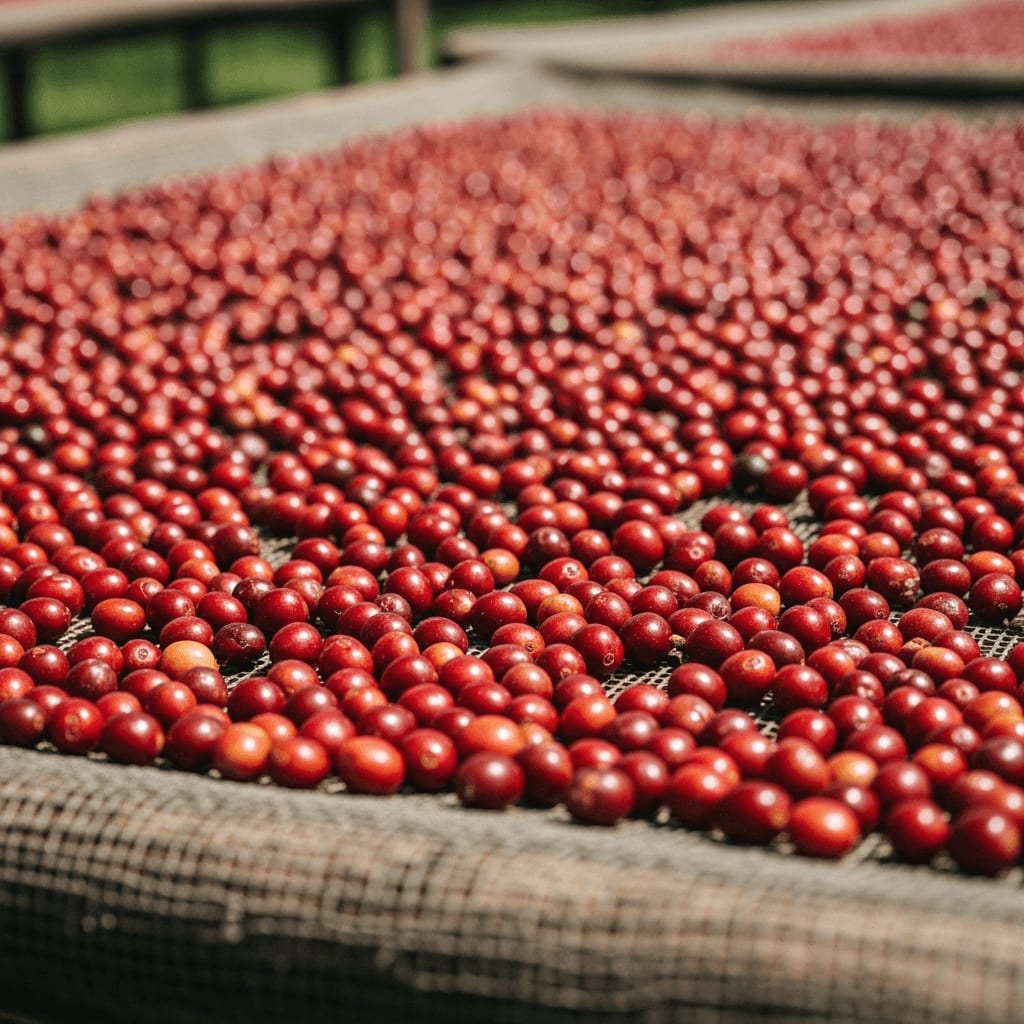 Natural Kaffee Aufbereitungsmethoden: Frisch gepflückte rote Kaffeekirschen trocknen in der Sonne auf einem afrikanischen Trockenbett.