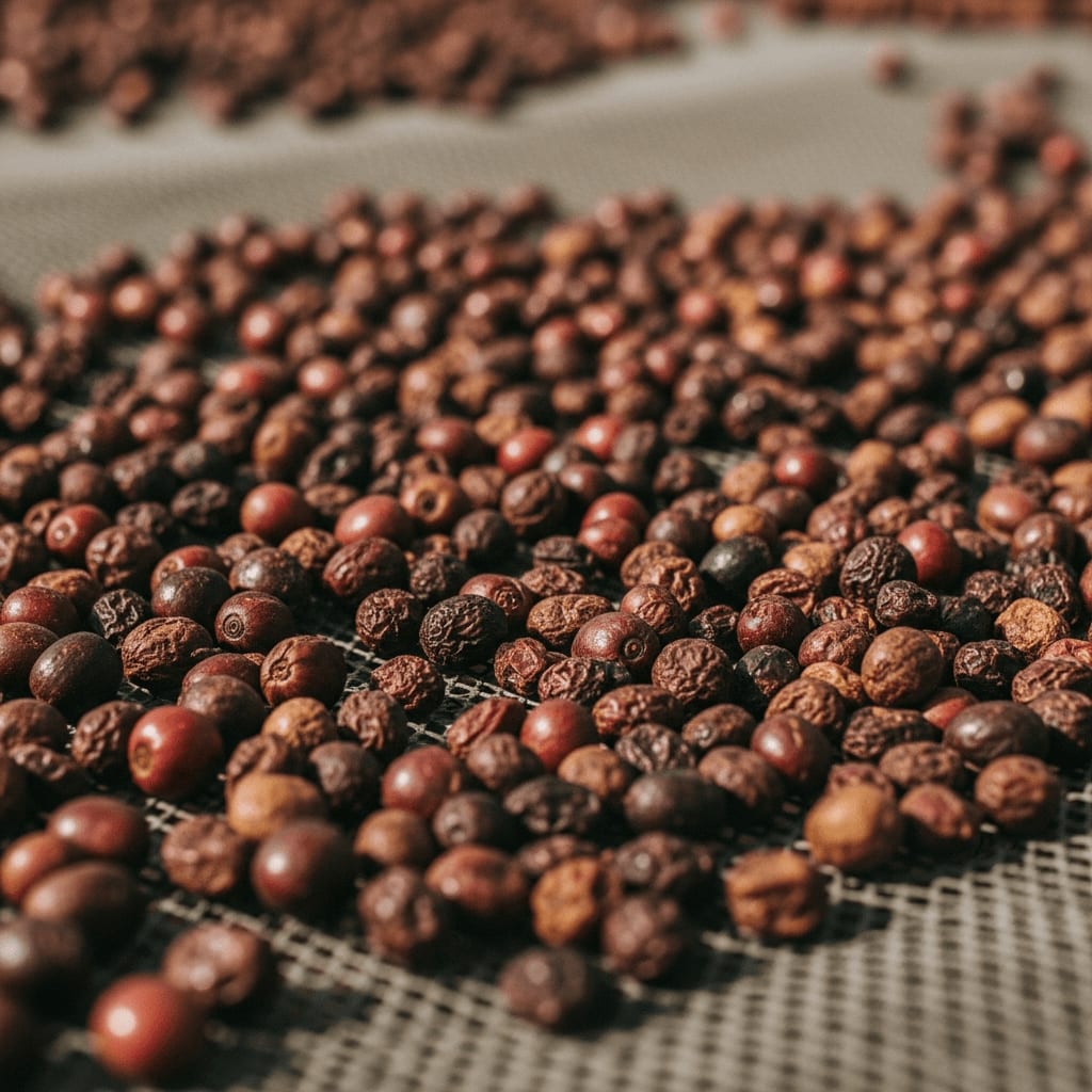 Trockenaufbereitung von Kaffee: Halbtrockene, schrumpelige Kaffeekirschen entwickeln durch die Sonnentrocknung intensive Fruchtnoten.