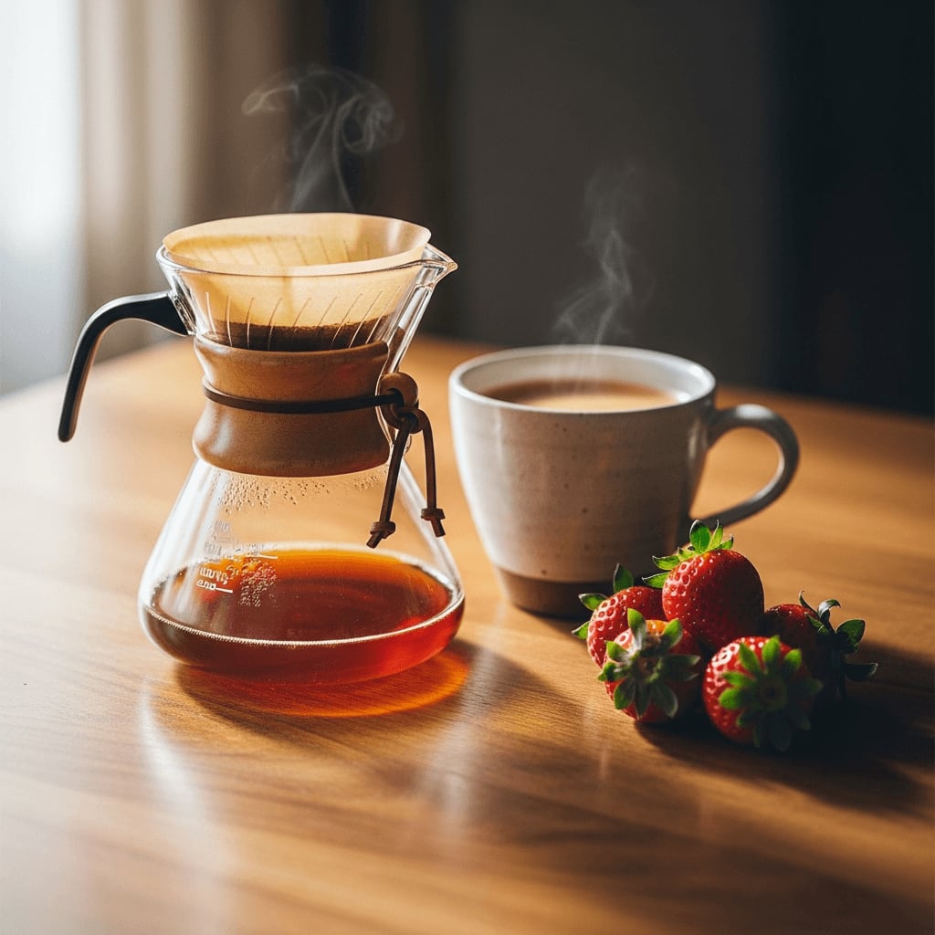 Das Ergebnis der Natural Kaffee Aufbereitung: Heller Filterkaffee in einer Tasse mit typisch fruchtigen Erdbeer-Aromen.
