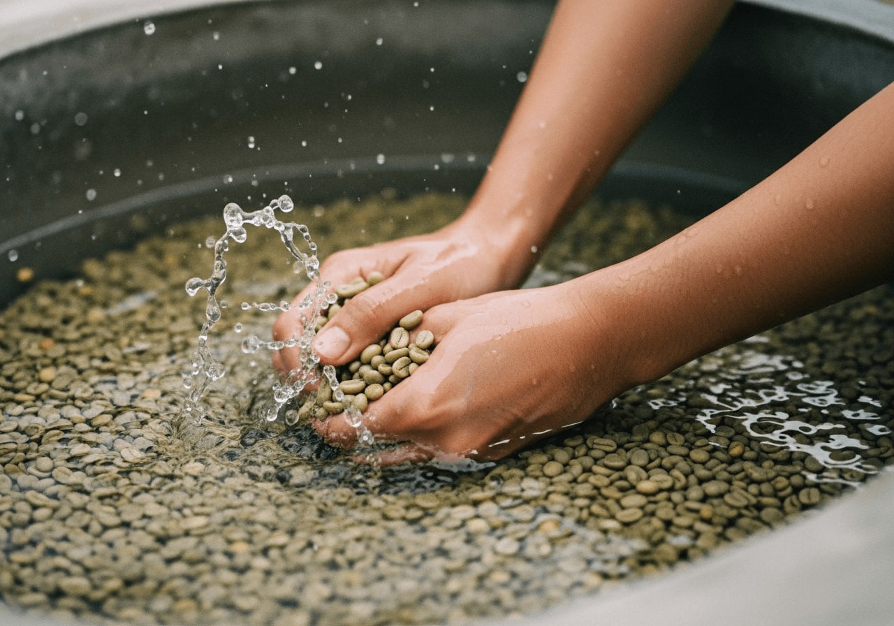 Nassaufbereitung (Washed Process): Kaffeebohnen werden nach der Fermentation in einem großen Wassertank gewaschen.