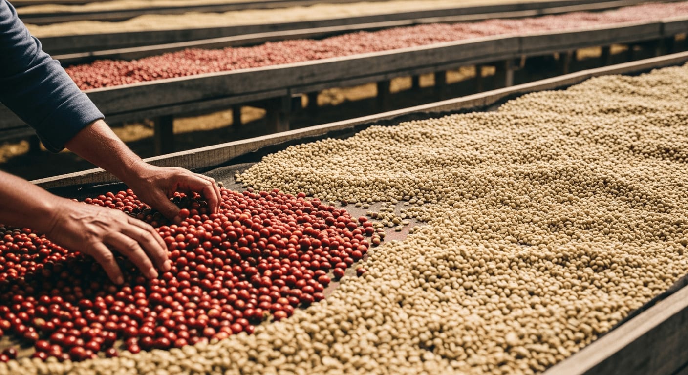 Kaffeebauer wendet frische Kaffeekirschen auf einem afrikanischen Trockenbett bei der natürlichen Kaffee Aufbereitungsmethode.
