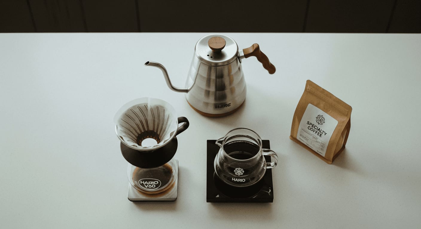 Draufsicht auf ein minimalistisches Kaffeezubereitungs-Setup mit Hario V60, einem Schwanenhalskessel und einer kleinen Tüte Spezialitätenkaffee.