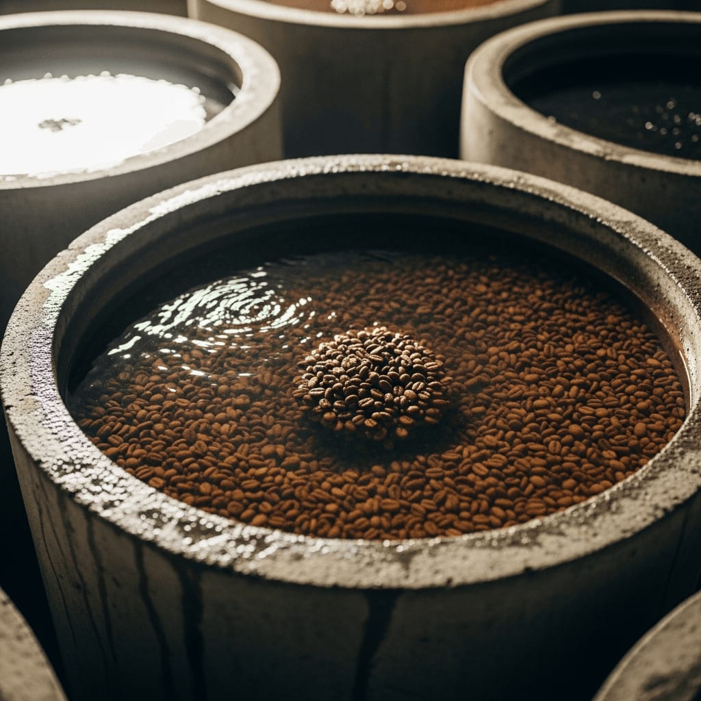 Kaffeebohnen, die in Betontanks nass fermentiert werden, Wasser sichtbar, helles Licht