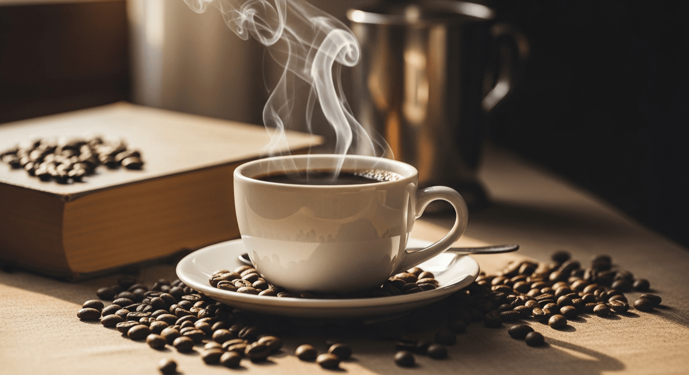 Tasse Kaffee mit Dampf, Kaffeebohnen und Buch, sanfter Fokus