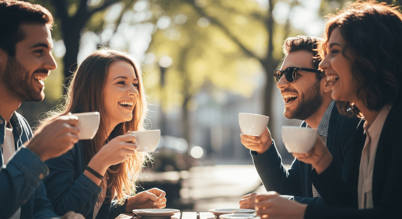 Freunde lachen und trinken Kaffee im Café, sonniger Tag