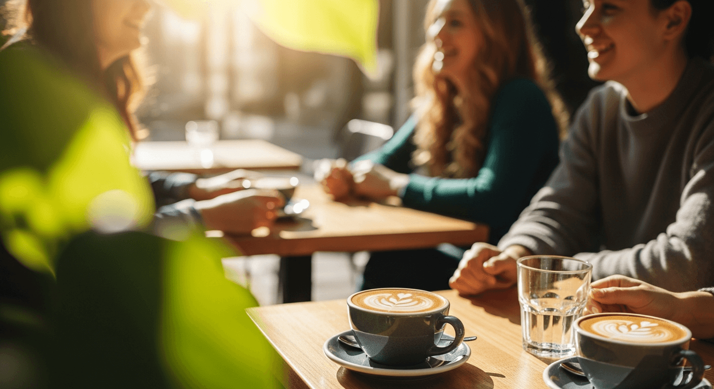 Freunde lachen und trinken Kaffee im Café, sonniger Tag