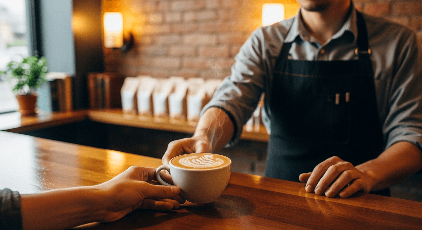 Barista serviert Kaffee im gemütlichen Café, freundliche Atmosphäre