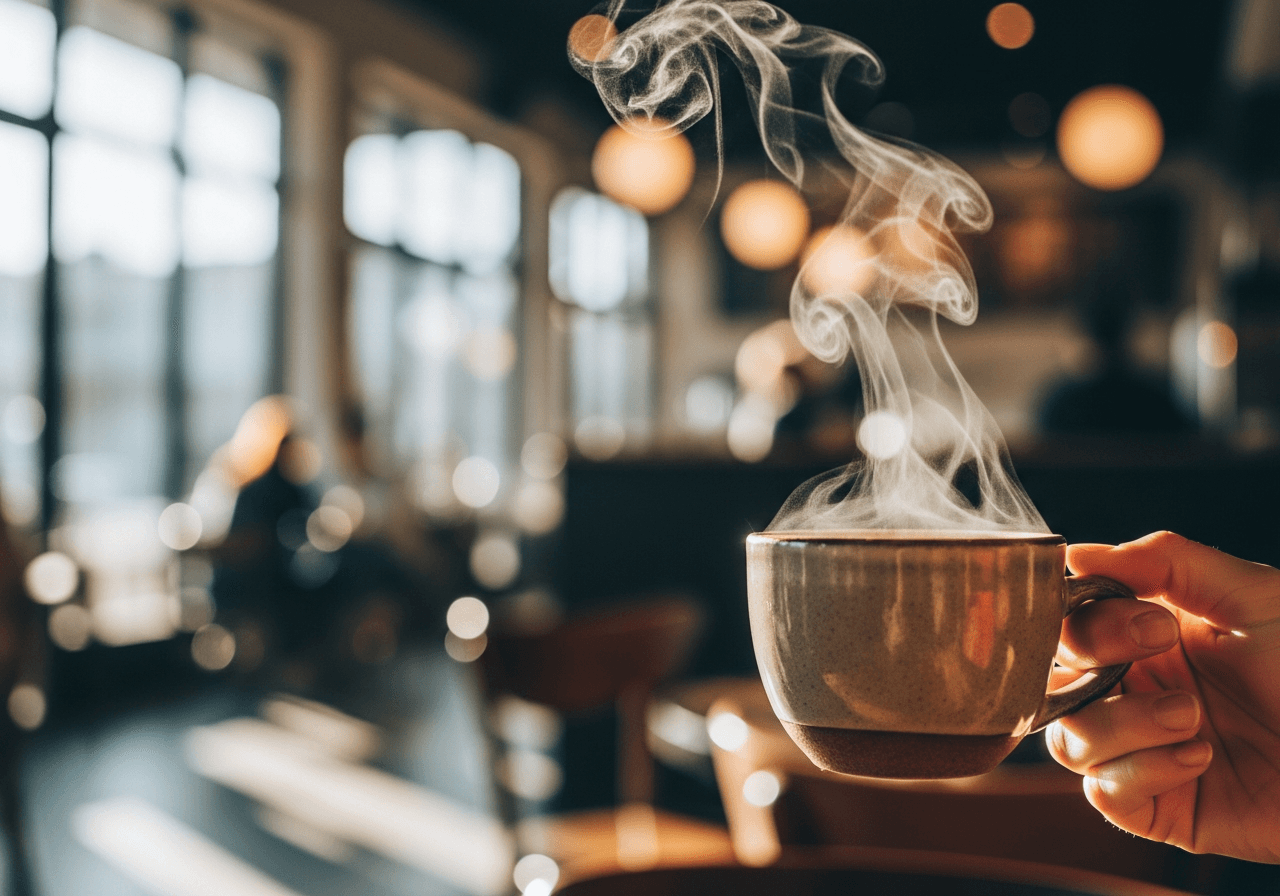 Hand hält Kaffee in belebtem Café