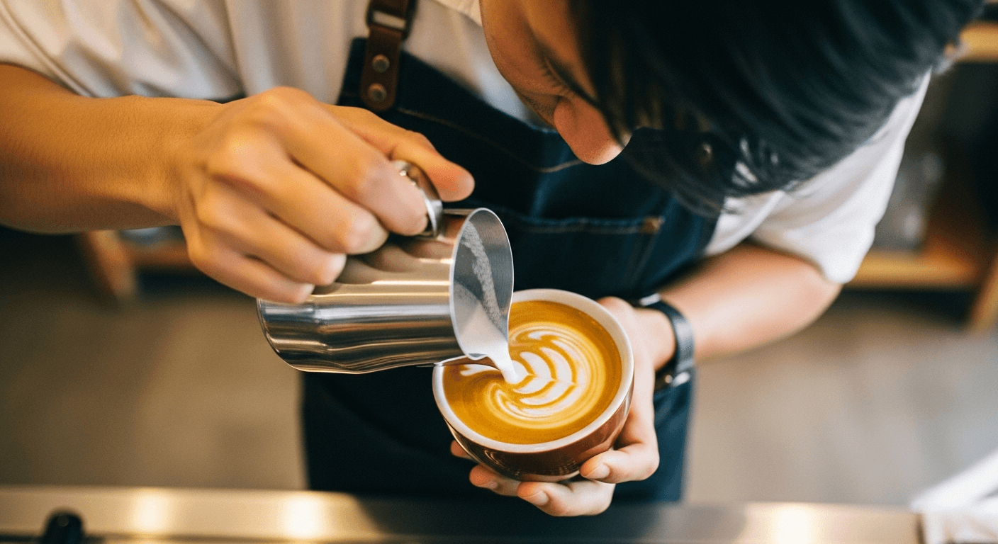 Aerial view of a barista preparing a latte in a sunlit cafe, cinematic, vibrant colors, shallow depth of field
