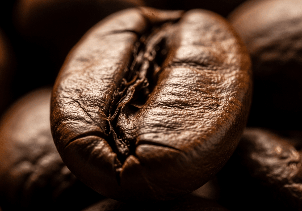 Close up of a coffee bean with golden highlights, macro shot, shallow depth of field